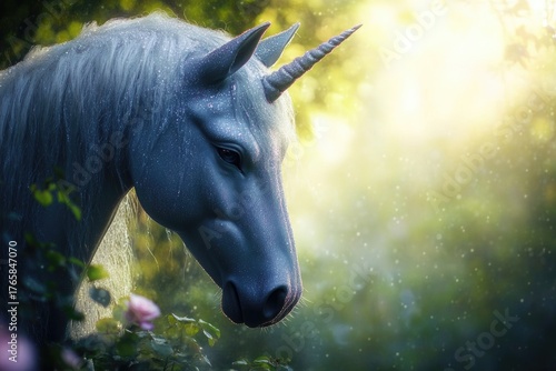 Fototapeta Naklejka Na Ścianę i Meble -  Majestic unicorn in enchanted forest with sunlit magical atmosphere and raindrops