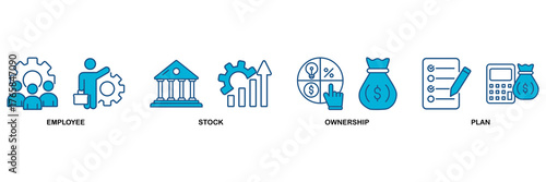 Esop icon set Blue Monochrome Flat Design concept for employee stock ownership plan with icon of management, bank, graph, fund, investment and statistics