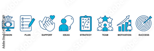Goals icon set Blue Monochrome Flat Design concept for vision, plan, support, ideas, strategy, team, motivation, and success