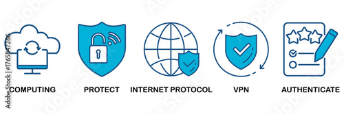 IPsec icon set Blue Monochrome Flat Design concept for internet and protection network security with icon of cloud computing, protect, internet protocol, vpn, and authenticate