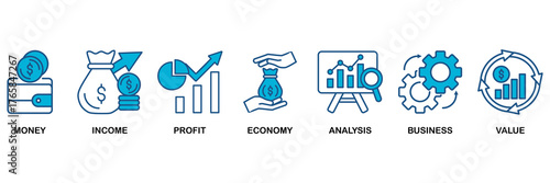 Cash flow icon set Blue Monochrome Flat Design concept for business and finance circulation with icon of money, income, profit, economy, analysis, business, and value