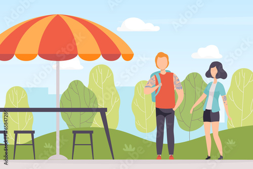 Man and Woman with Tattoo Walking in Park Vector Illustration