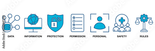 Data protection icon set Blue Monochrome Flat Design concept for data, information, protection, permission, personal, safety and rules