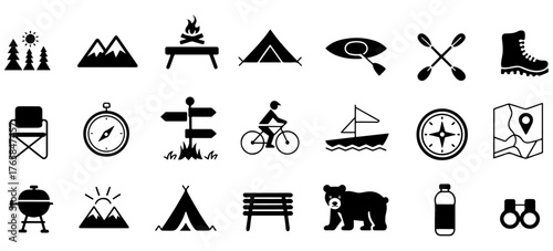 Outdoor Adventure and Hiking Icon Collection |Backpack, Hiker, Mountains, Campfire, Map, Tent, Compass, and Boots Silhouette Set on Transparent Background