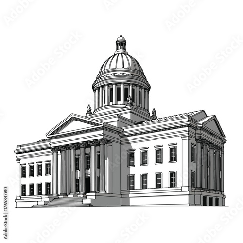 Elegant Architectural Illustration of a Government Building with Dome