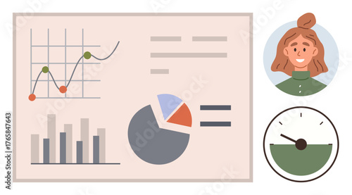 Data visualization screen featuring bar chart, line graph, pie chart, avatar, and gauge. Ideal for analytics, management, progress tracking, reporting strategy business insights simple flat