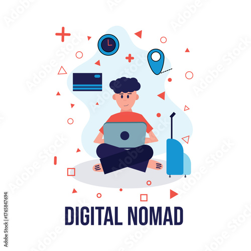 Vector illustration of a young man working remotely on a laptop with travel suicase and abstract background.Concept of a digital nomad,freelancer,remote work,online business and modern lifestyle.