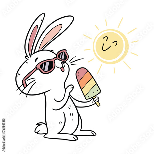 Cool Rabbit Sticker Wearing Sunglasses and Holding Colorful Object