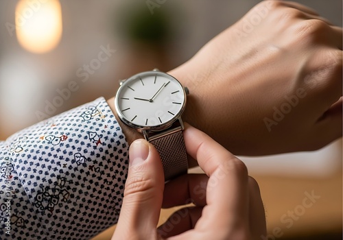 Business style accessory photo showing a hand engaging with a modern, silver-toned timepiece.
