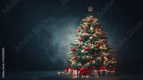 Beautifully decorated christmas tree with glowing lights and presents underneath against a dark moody background