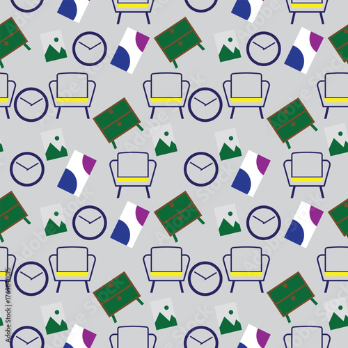 Seamless home decor pattern featuring chairs clocks drawers and wall art on light gray background perfect for wallpaper textile wrapping packaging and modern interior design themes