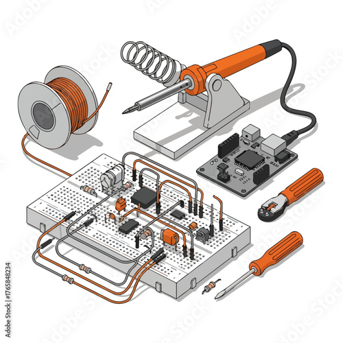 Isometric Electronics Components, Soldering Iron, Breadboard, and Tools Illustration