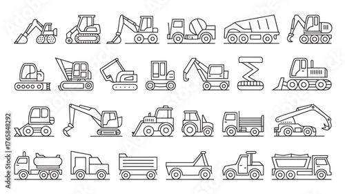 Construction vehicle icon set with excavators, bulldozers, cranes, cement mixers, dump trucks in black line vector style