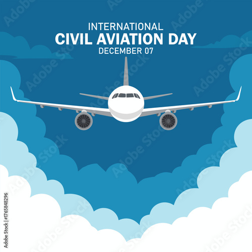 Vector illustration of civil airplane with blue sky and white clouds as background, as a banner or poster on international civil aviation day.