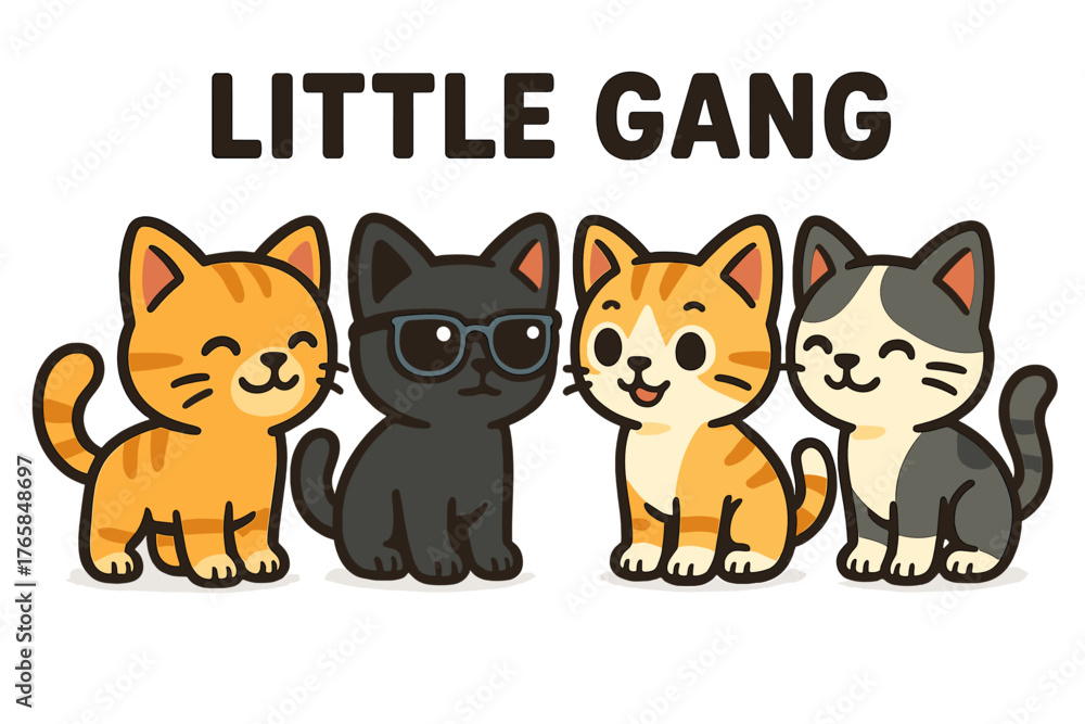 Naklejka premium Cute cartoon animals form a little gang featuring four playful cats with distinct fur colors and expressions