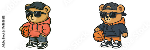 Cute cartoon bears dressed in stylish hoodies holding basketballs while wearing sunglasses