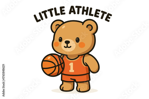 Cute bear character dressed as little athlete holding a basketball in playful style
