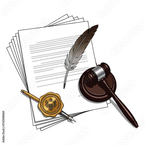 Legal Documents and Symbols Gavel, Quill, Seal, Paper Stack