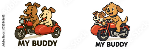 Two playful dogs riding in a sidecar on a sunny day enjoying time together in a fun atmosphere