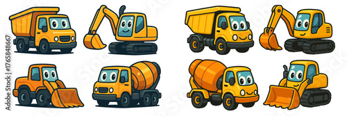 Colorful cartoon construction vehicles including trucks and excavators in playful style