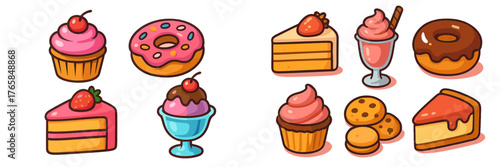 Colorful variety of sweet desserts including cupcakes, donuts, and ice cream displayed on a simple background
