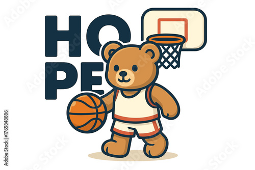 Cute bear playing basketball with the word hope displayed in a colorful design for a playful and inspiring atmosphere