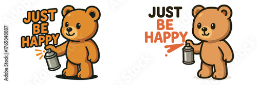 Cute bear character spreading joy with spray paint in a fun and colorful design during a playful art session