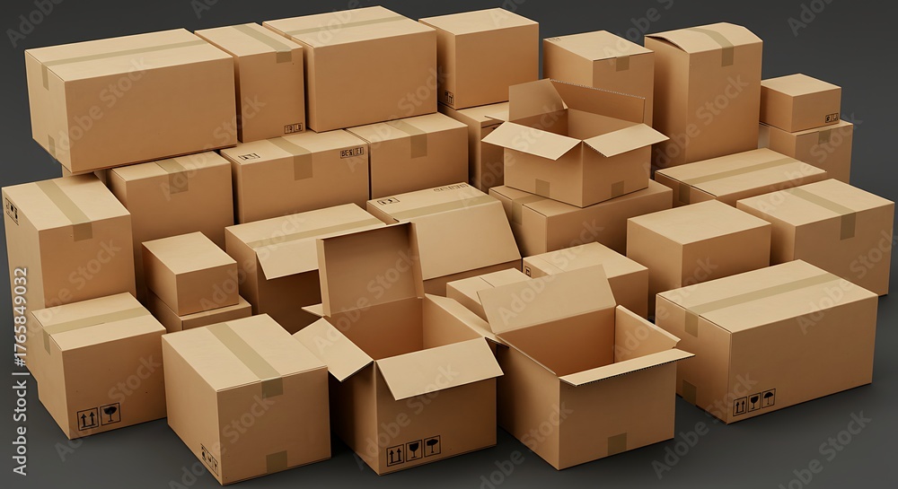 Fototapeta premium Stack of cardboard boxes isolated on black background