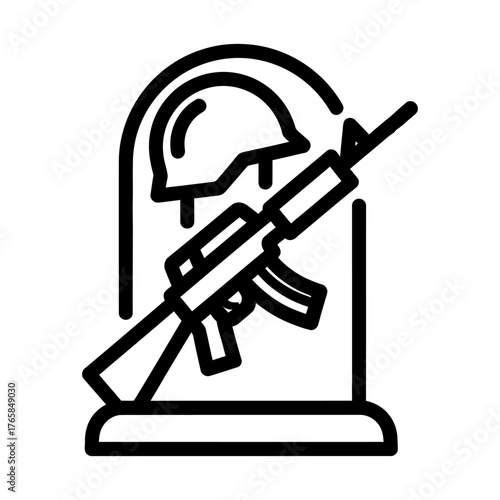Simple Linear Vector Illustration of Military Helmet, Rifle, and Memorial