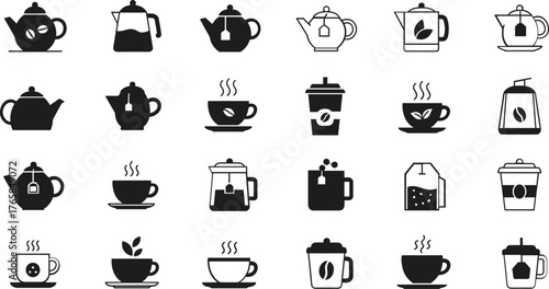 Collection of black and white icons for tea and coffee beverages teapot