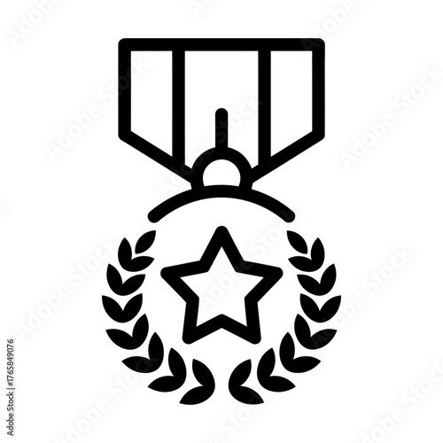 Black Outline Medal Icon with Star, Laurel Wreath, and Ribbon Bar
