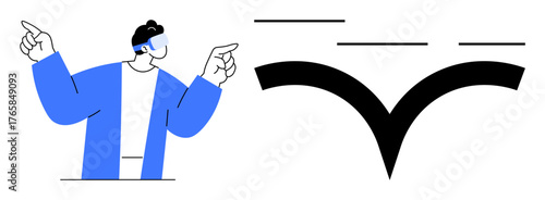 Person wearing VR headset gesturing actively near black abstract symbol and connecting lines. Ideal for technology, innovation, communication, creativity, virtual interaction, futuristic concepts