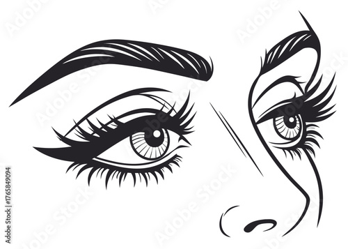 stylized black and white eye portrait with bold eyebrows and lashes vector illustration