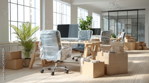 Modern office relocation with packed boxes and wrapped furniture in sunlight