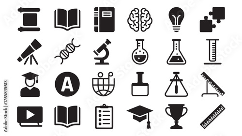 Black and white education and science icon set with books, flasks, brain, microscope, DNA, and academic symbols