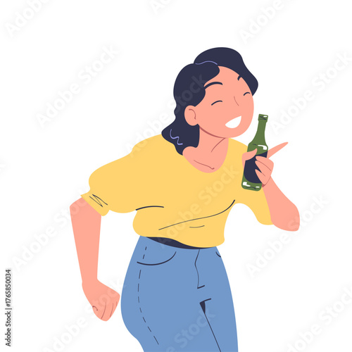 Woman with Alcohol Drink and Beverage in Bottle Vector Illustration