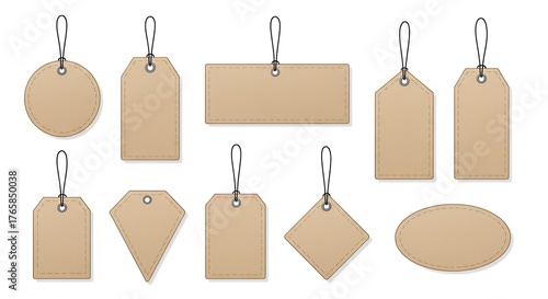 Collection of kraft paper tags with metal rings isolated on white background