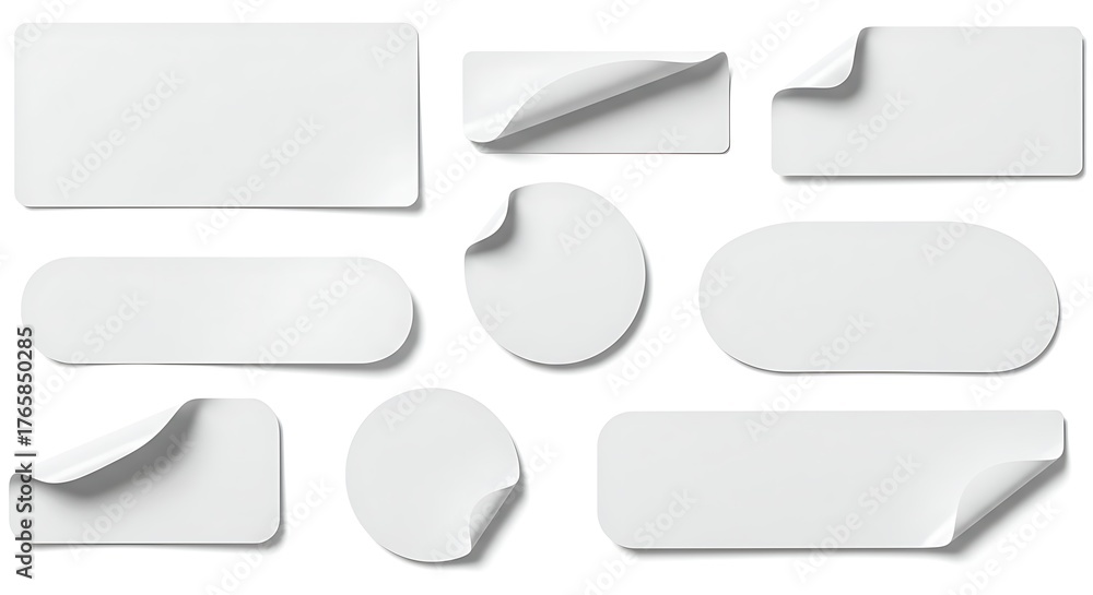 Obraz premium Collection of blank white paper stickers and labels isolated on white background