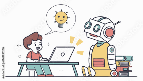 Young boy and robot collaborate on laptop generating new ideas with artificial intelligence.