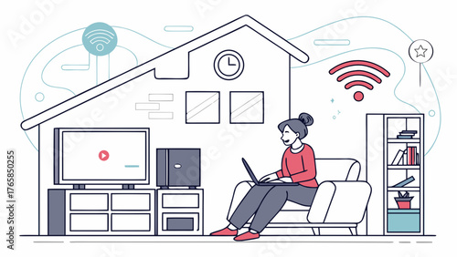 Woman working from home with smart home technology.