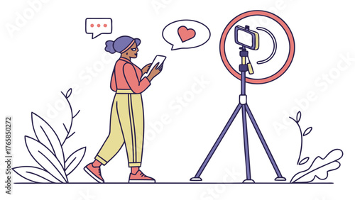 Young woman creating content for social media with smartphone and ring light.