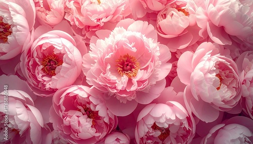 Soft, delicate pink peonies fill the frame, their layered petals unfurling gently