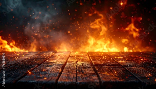 Warm, glowing embers dance across a rustic wooden surface with fiery flames and smoke in the background