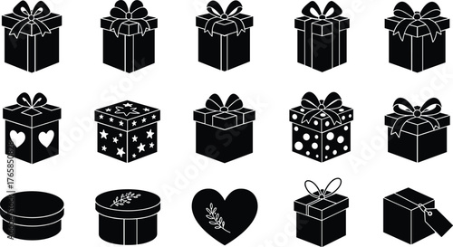 Collection of black gift boxes and heart shapes with ribbons and patterns present