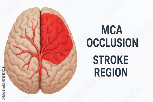 MCA occlusion stroke region highlighted on cerebral cortex with middle cerebral artery branches and affected red area showing ischemic territory and vascular anatomy, medical illustration
