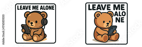 Cute cartoon bear with headphones shows a desire for solitude while using a phone at a cozy setting