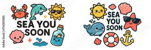 Fun and colorful beach-themed designs featuring sea creatures and summer elements with a cheerful message