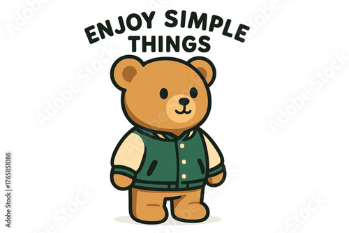 Cute bear character promoting positivity and simple joys with a friendly expression and stylish jacket in a playful design