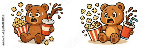 Cute shocked bear spills popcorn and drink while watching a movie in a cozy theater setting