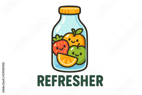 Refreshing fruit drink jar with cheerful fruit characters in bright colors